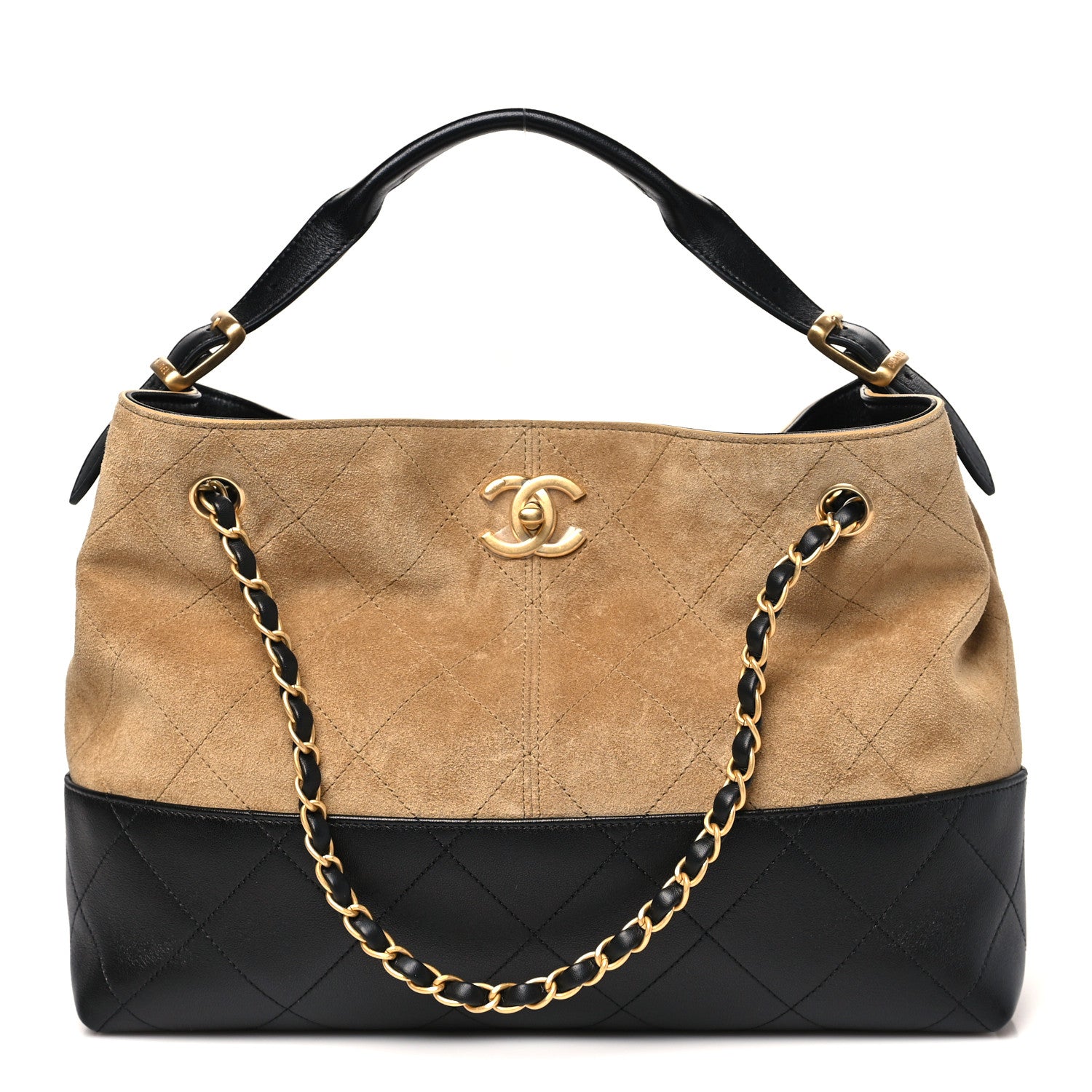 Suede Calfskin Shiny Lambskin Quilted Small Coco Base Shopping Bag Beige Black