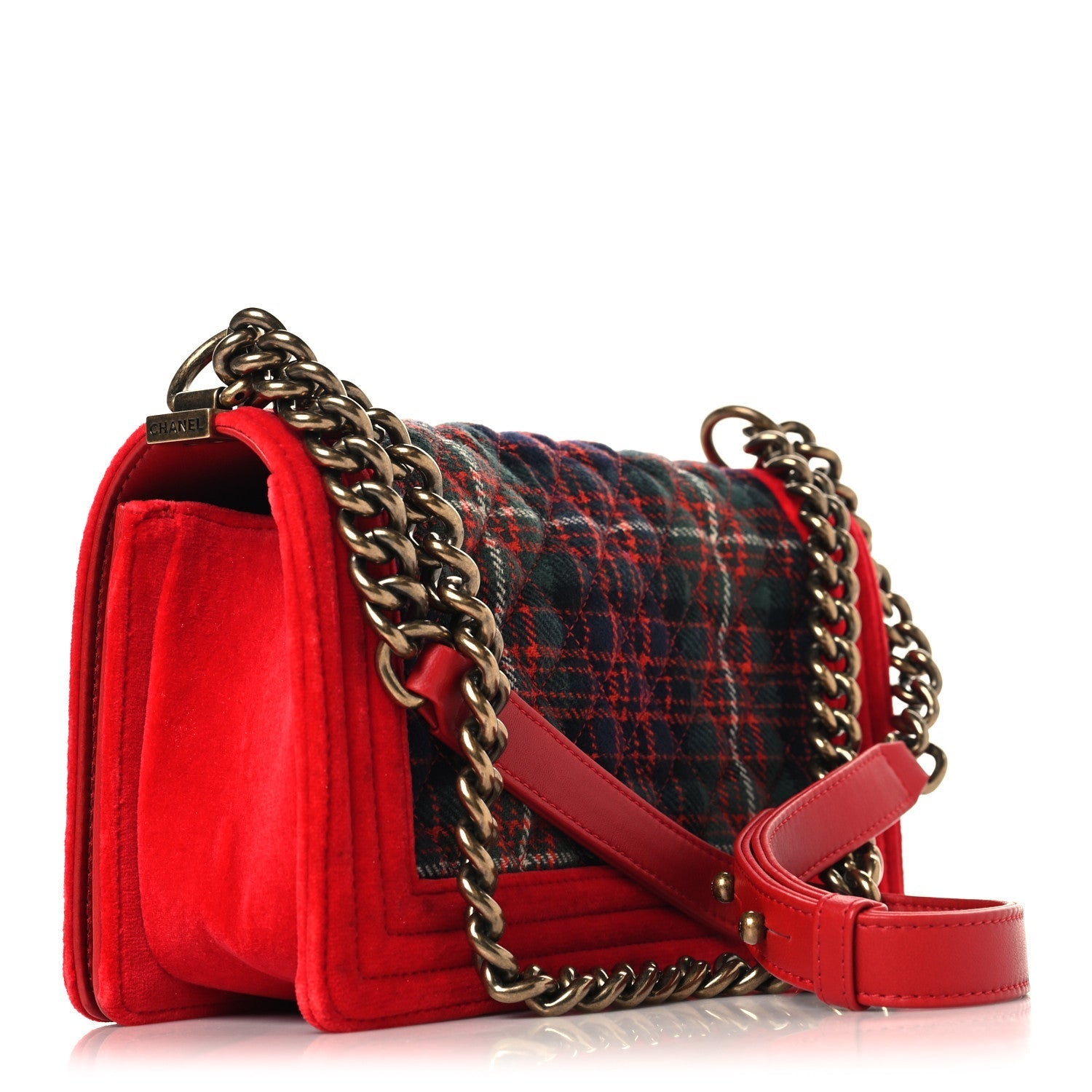Velvet Plaid Tartan Quilted Medium Boy Flap Red