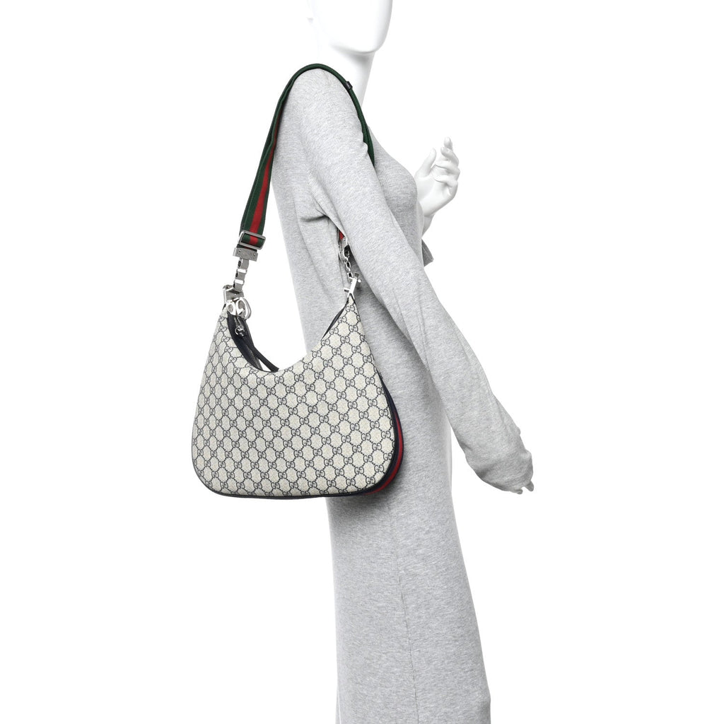 GG Supreme Monogram Textured Calfskin Web Large Attache Shoulder Bag Beige Blue