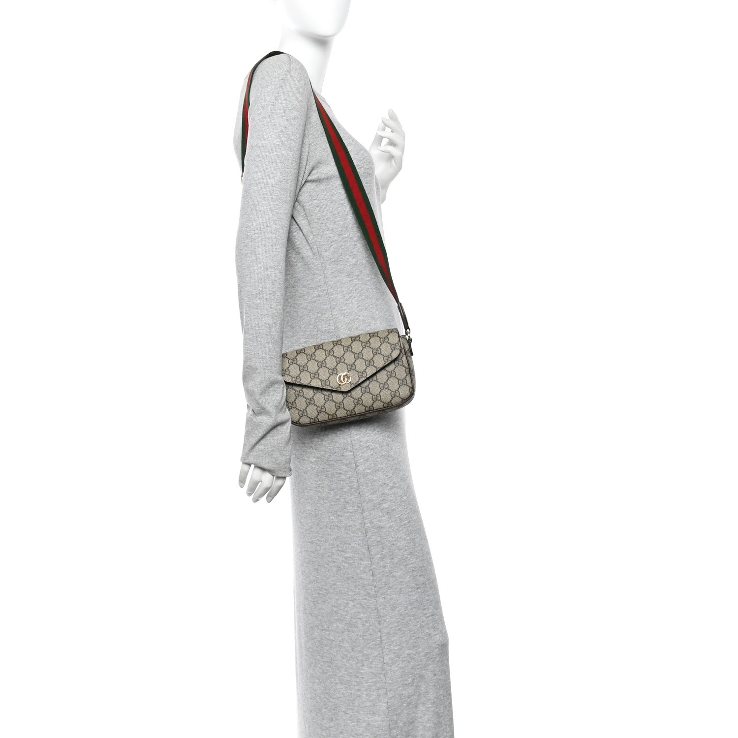 GG Supreme Monogram Textured Dollar Calfskin Web Mini Ophidia Envelope Shoulder Bag Beige Ebony