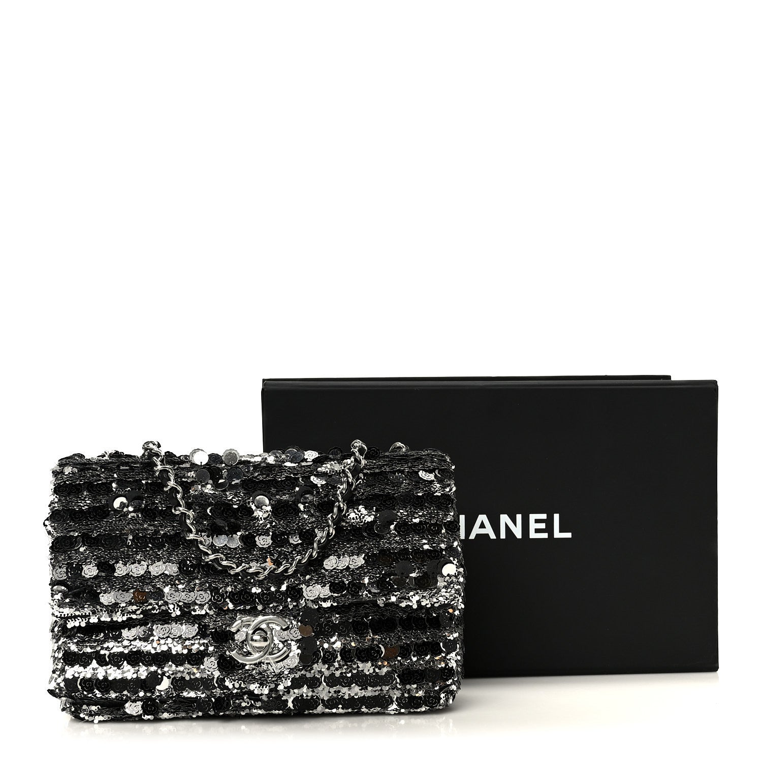 Sequin Camellia Small Single Flap Silver Black