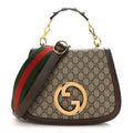 GG Supreme Monogram Textured Dollar Calfskin Web Medium Blondie Top Handle Shoulder Flap Bag Beige Ebony New Acero