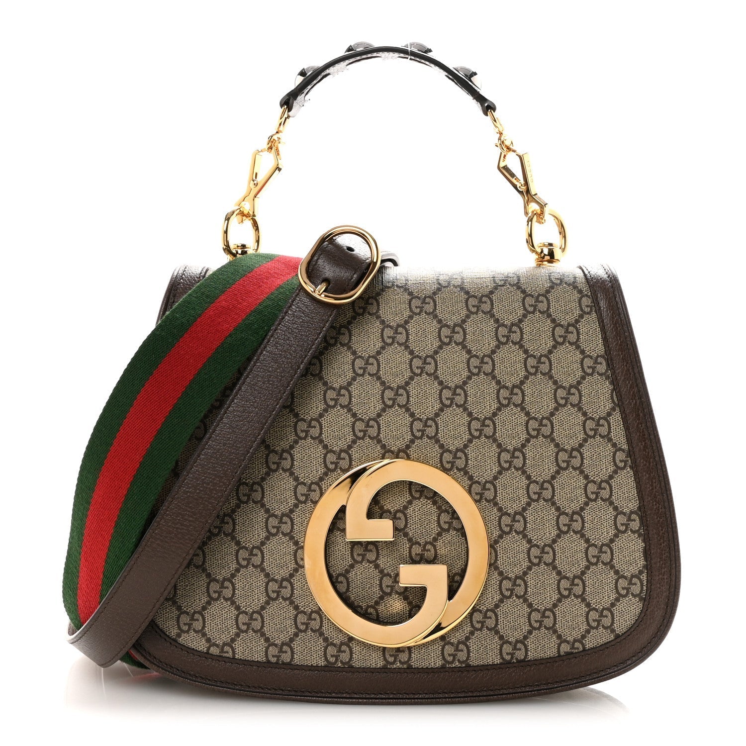 GG Supreme Monogram Textured Dollar Calfskin Web Medium Blondie Top Handle Shoulder Flap Bag Beige Ebony New Acero