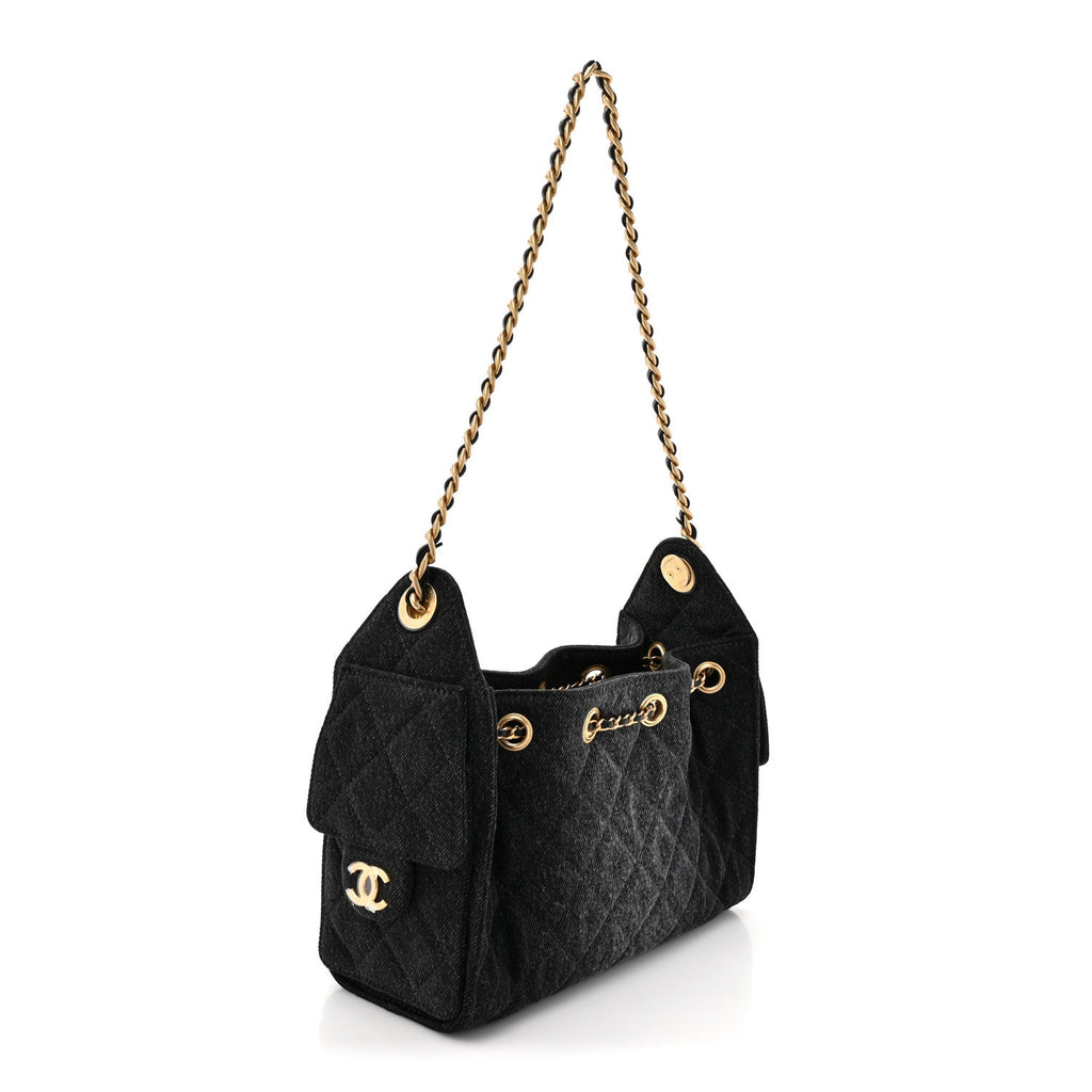 Washed Denim Quilted Mini Chanel 25 Handbag Black