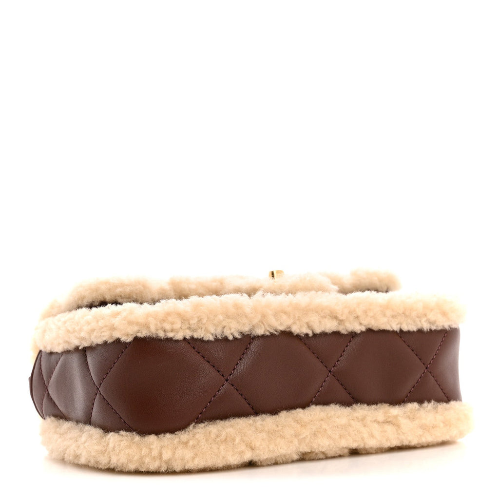Shearling Lambskin Quilted Mini Furry Coco Flap Beige Brown