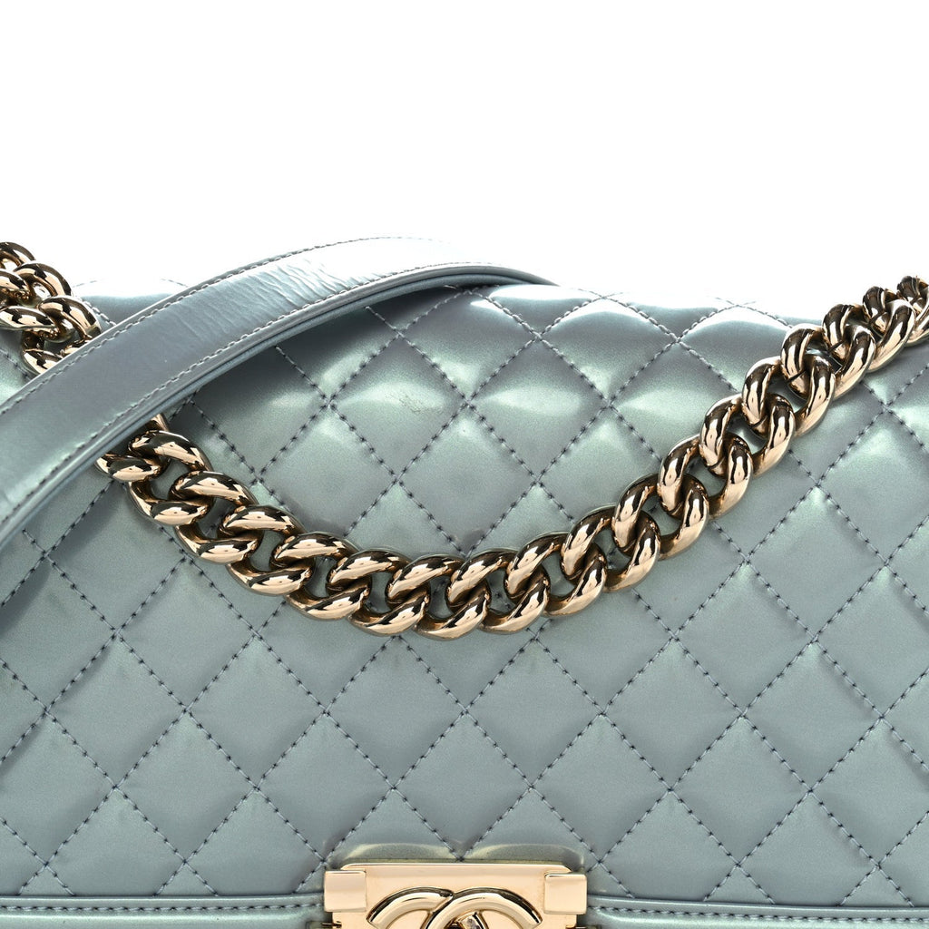 Iridescent Patent Calfskin Quilted Medium Boy Flap Light Blue