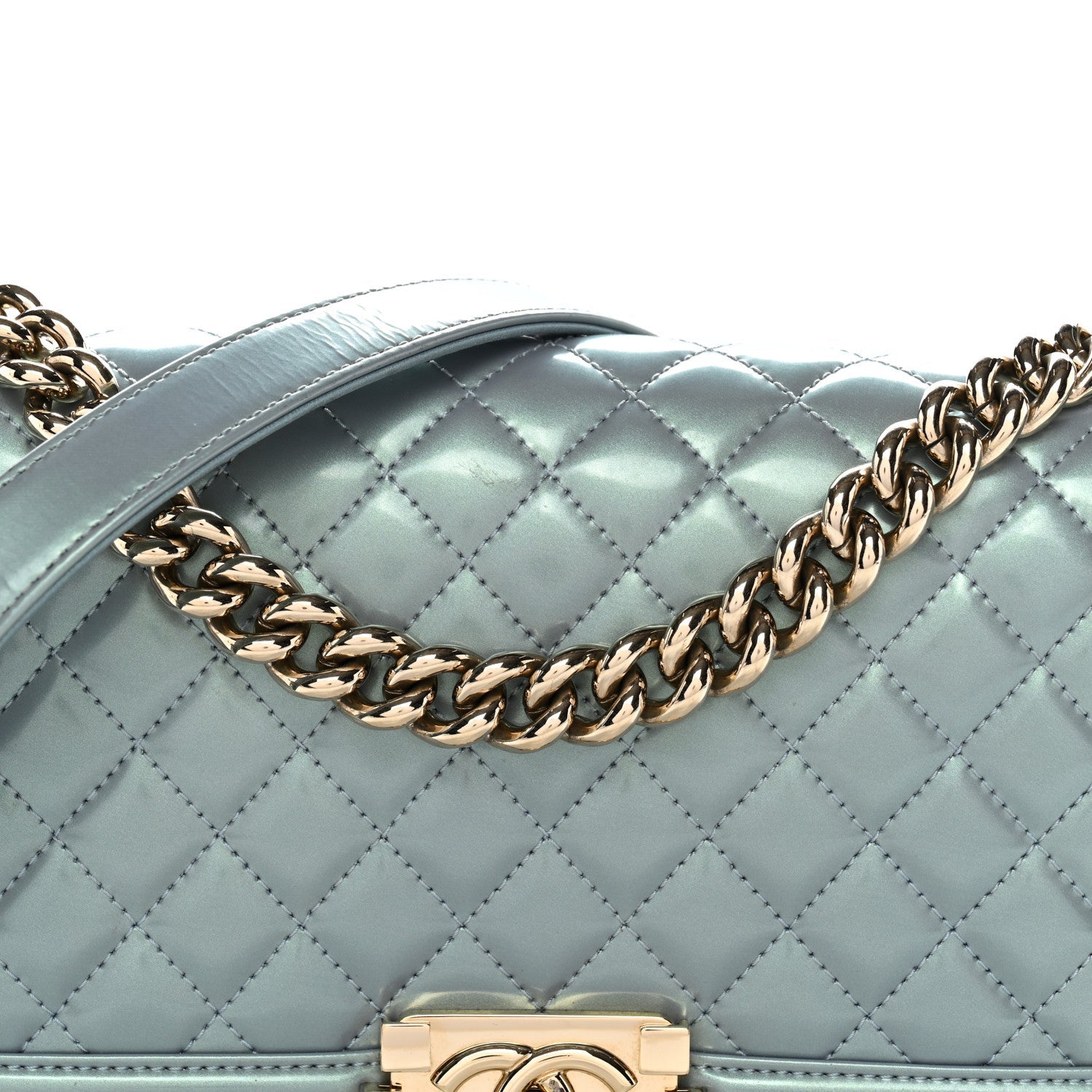 Iridescent Patent Calfskin Quilted Medium Boy Flap Light Blue