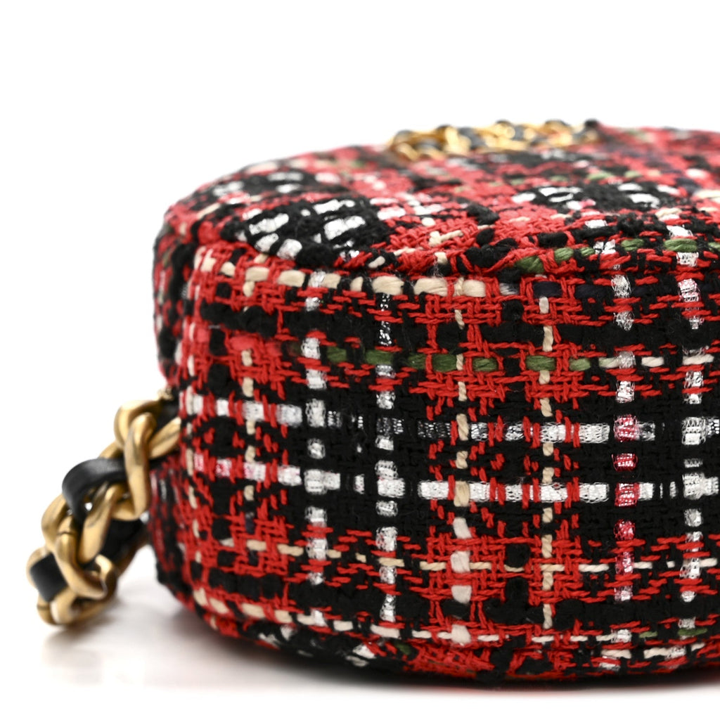 Tweed Quilted Chanel 19 Round Clutch With Chain  Red Black White Green