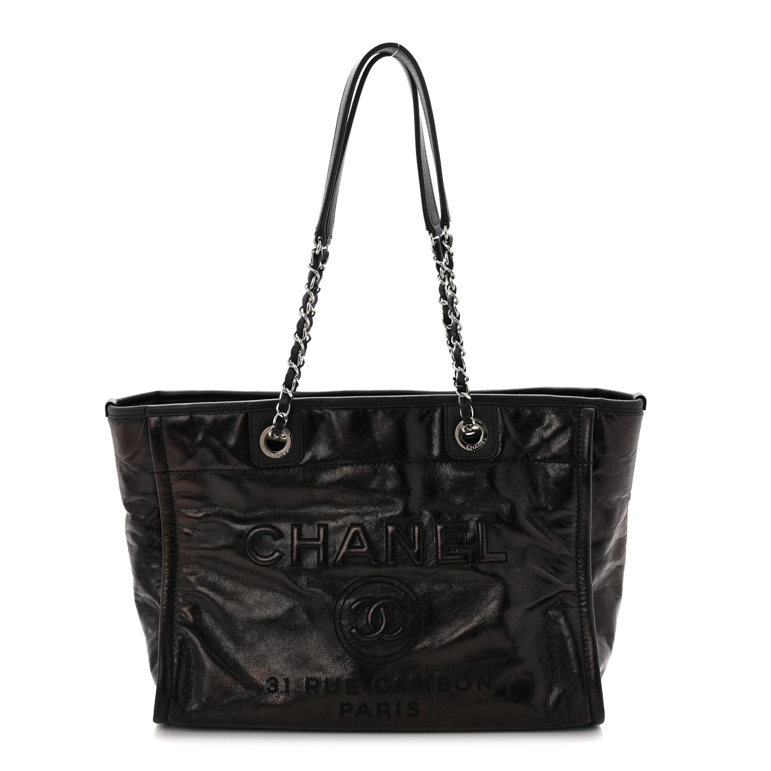 Glazed Calfskin Small Deauville Tote Black