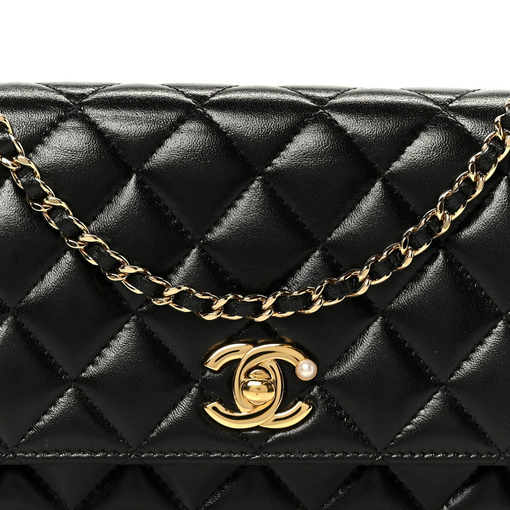 Shiny Lambskin Quilted CC Pearl Wallet on Chain WOC Black
