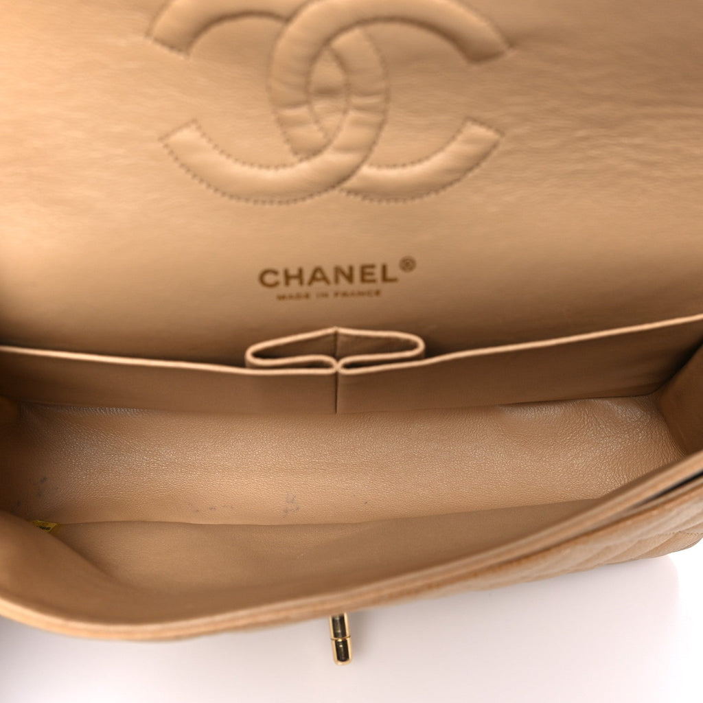 Caviar Quilted Medium Double Flap Beige