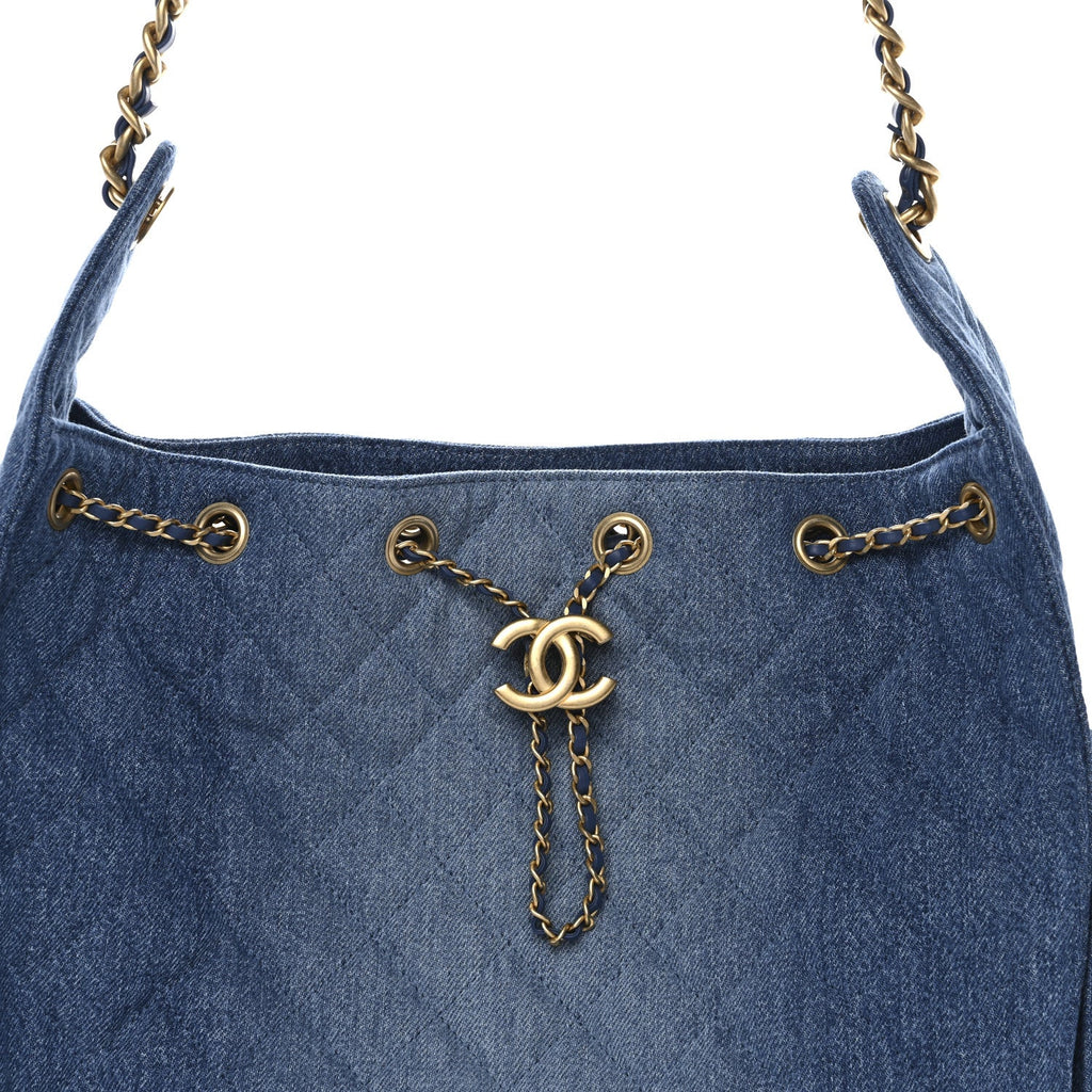 Washed Denim Quilted Medium Chanel 25 Handbag Blue