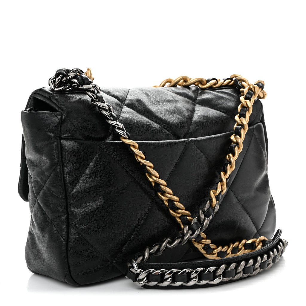 Shiny Goatskin Quilted Large Chanel 19 Flap Black
