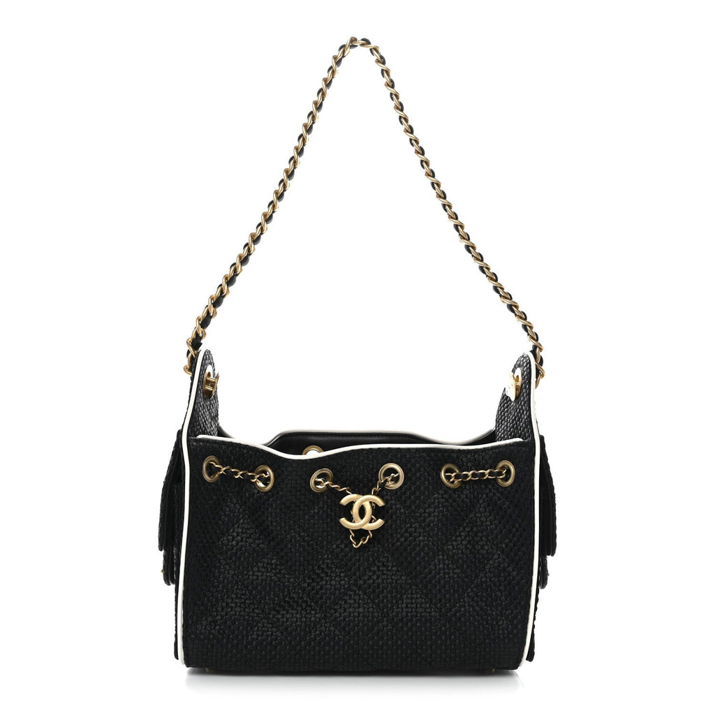 Braided Raffia Calfskin Quilted Mini Chanel 25 Handbag Black White