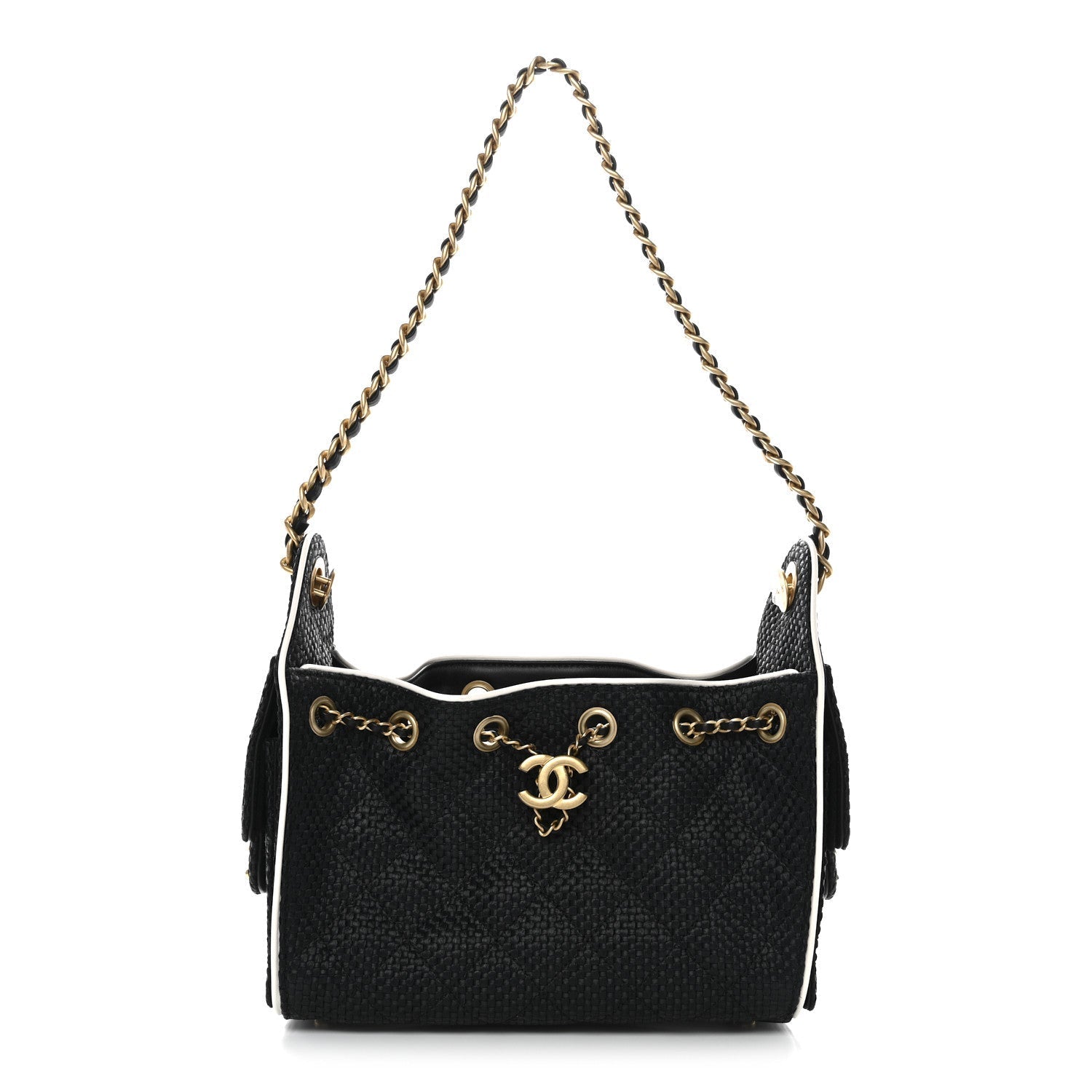 Braided Raffia Calfskin Quilted Mini Chanel 25 Handbag Black White