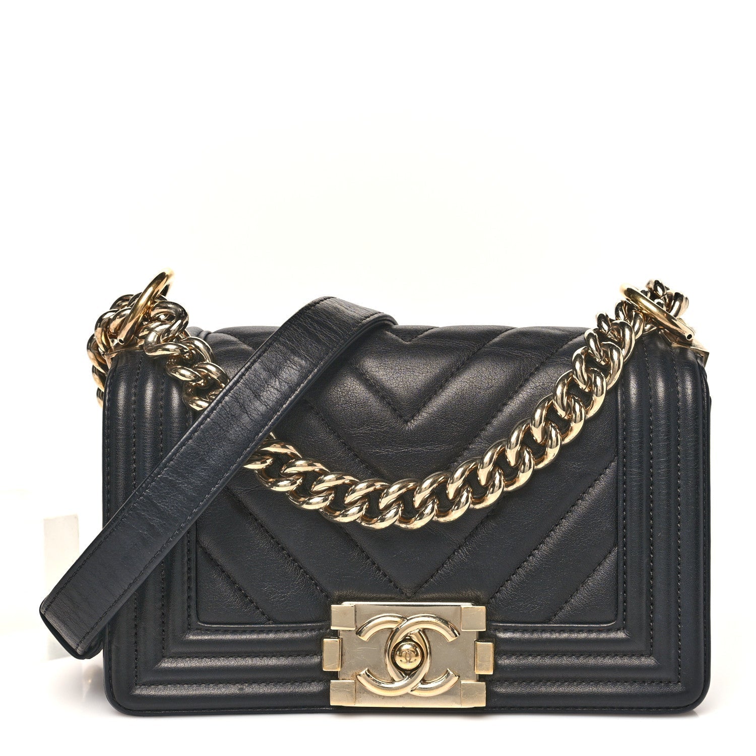 Calfskin Chevron Quilted Small Boy Flap Black