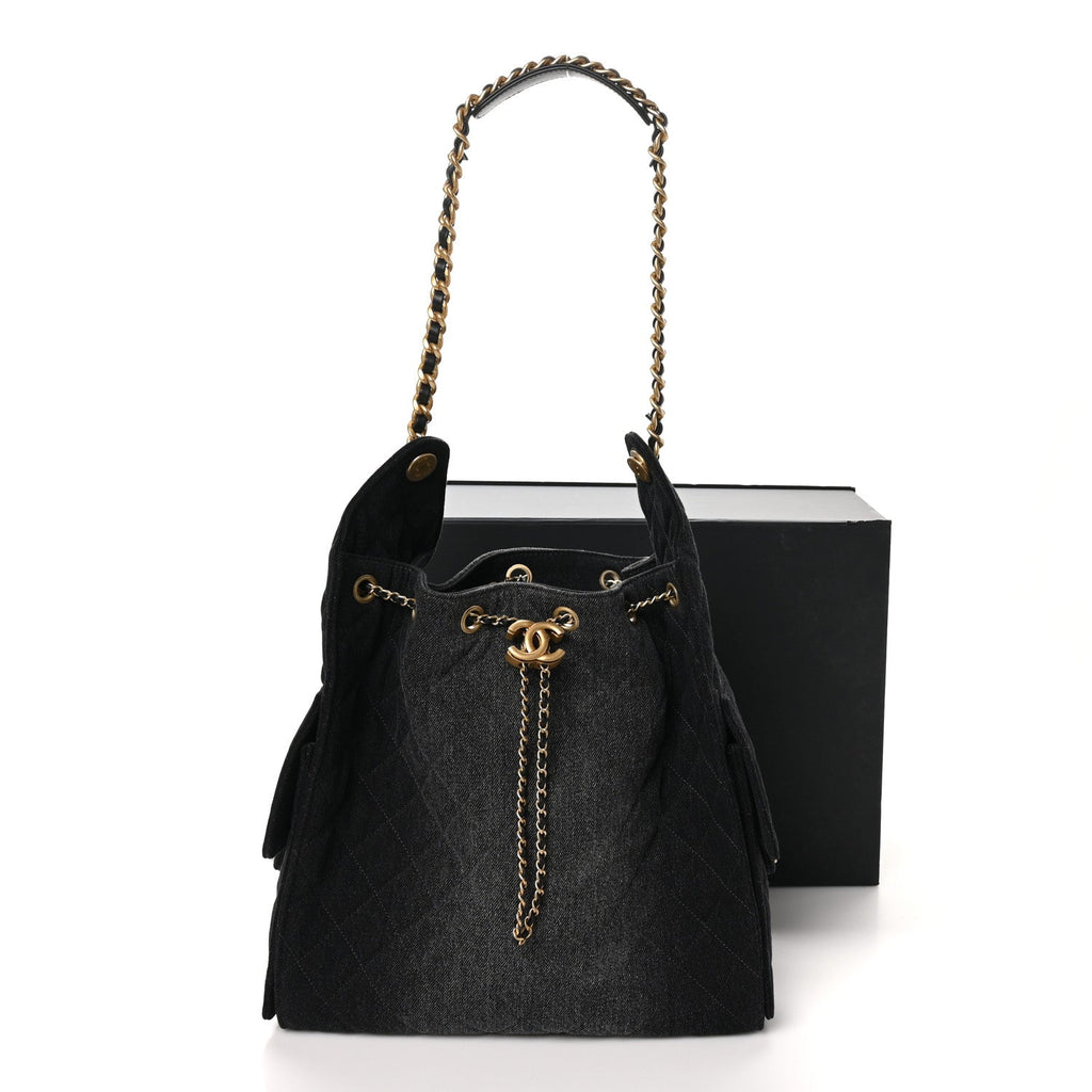 Washed Denim Quilted Medium Chanel 25 Handbag Black