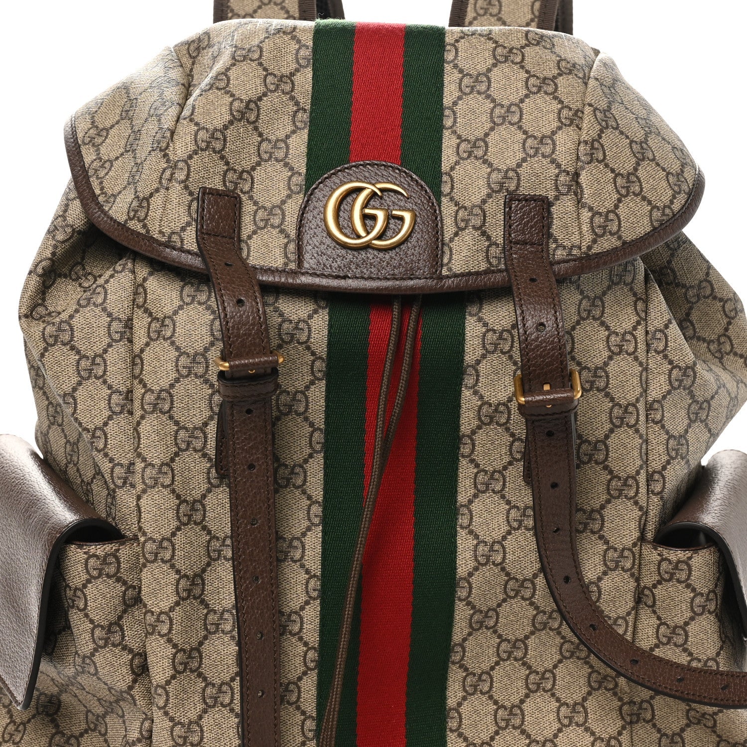 GG Supreme Monogram Medium Ophidia Double Buckle Backpack Brown