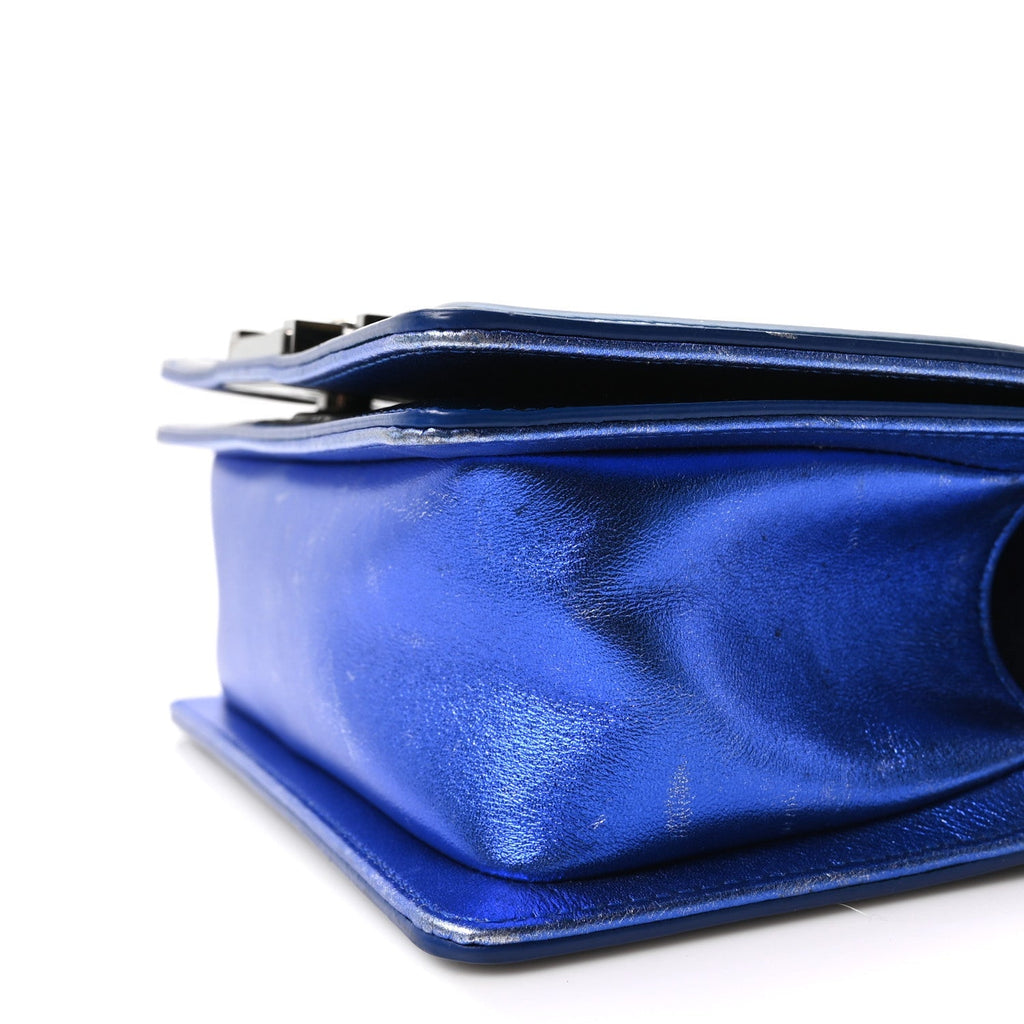 Metallic Patent Calfskin Quilted Small Boy Flap Blue