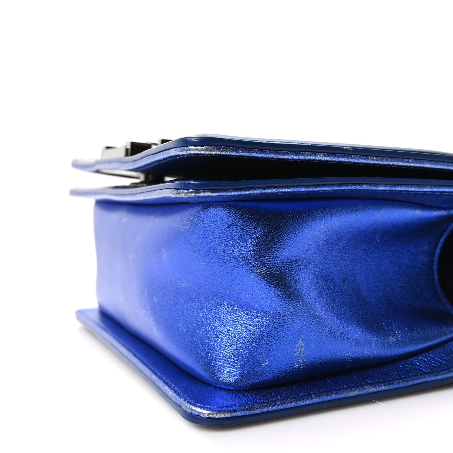 Metallic Patent Calfskin Quilted Small Boy Flap Blue