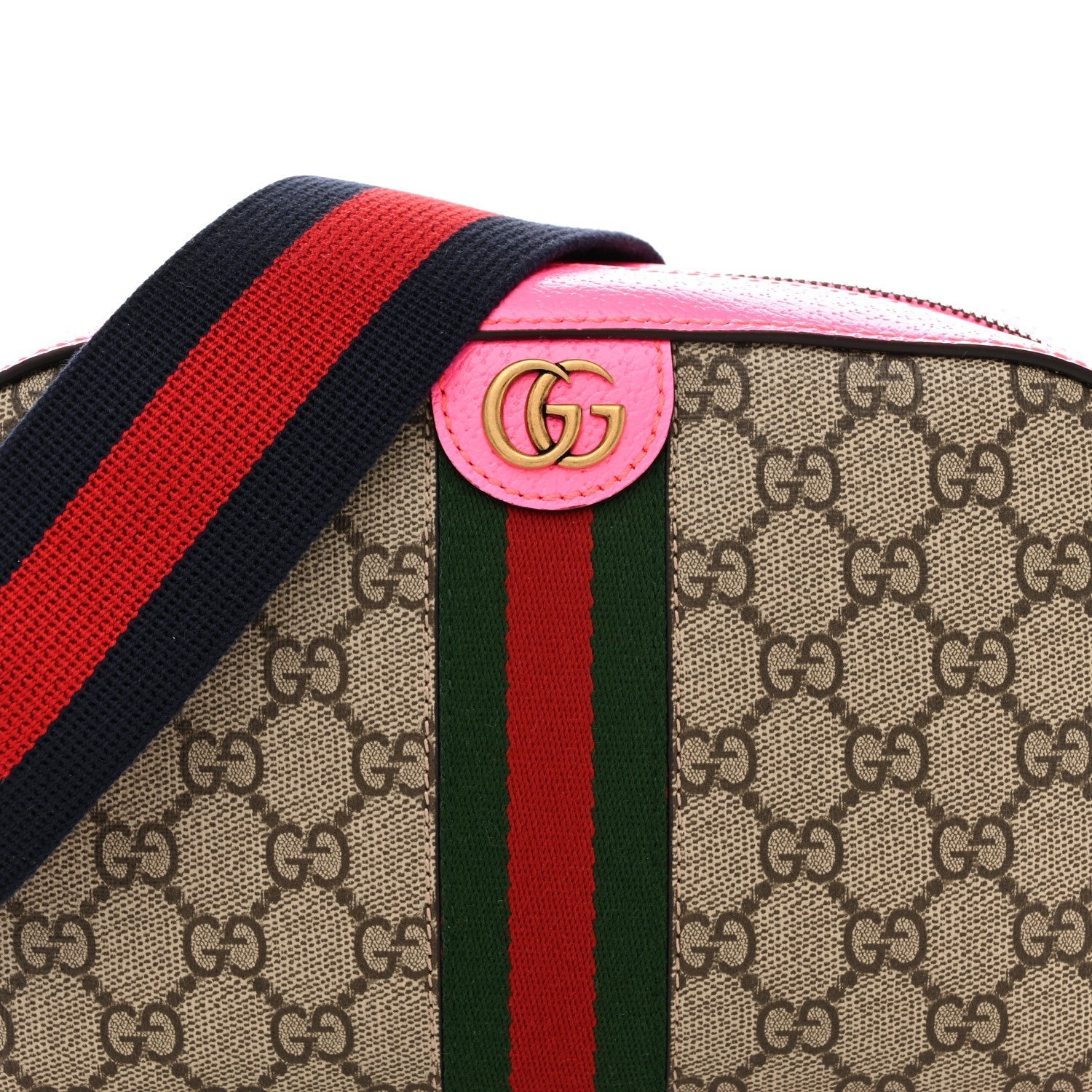 GG Supreme Monogram Textured Dollar Calfskin Web Ophidia Small Crossbody Bag Beige Ebony Fuchsia