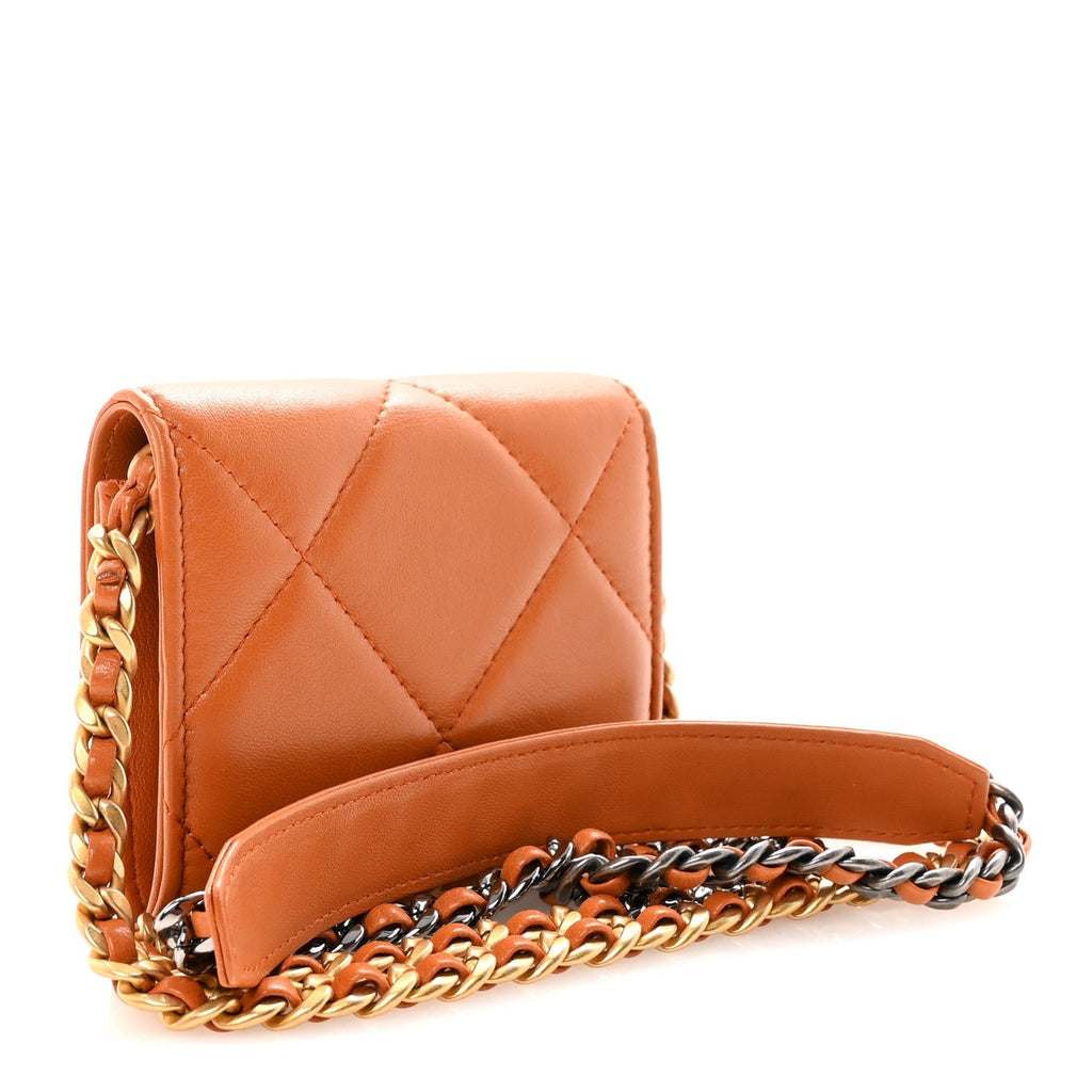 Lambskin Quilted Chanel 19 Flap Coin Purse With Chain Light Brown