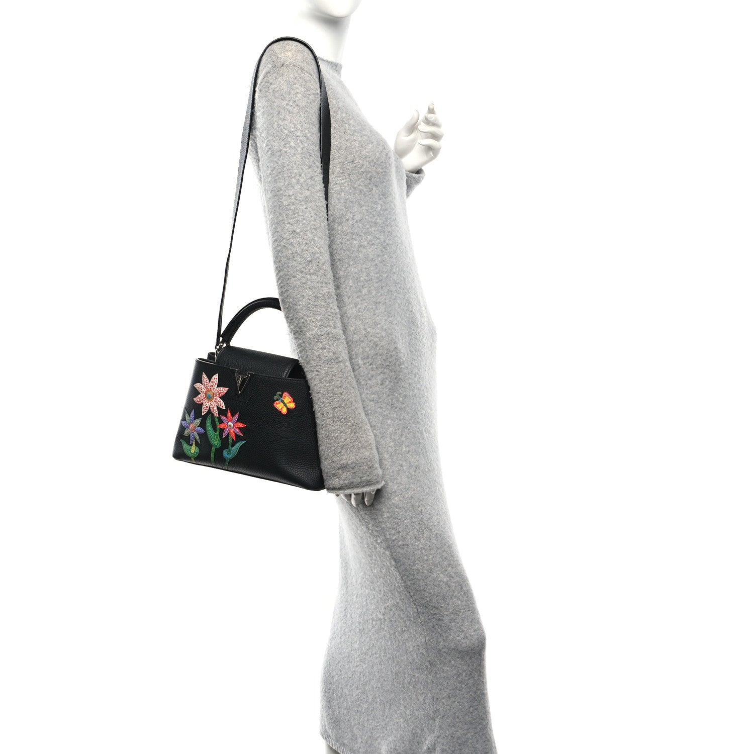 LV X YK Taurillon Inlaid Kusama Flowers Capucines BB Black