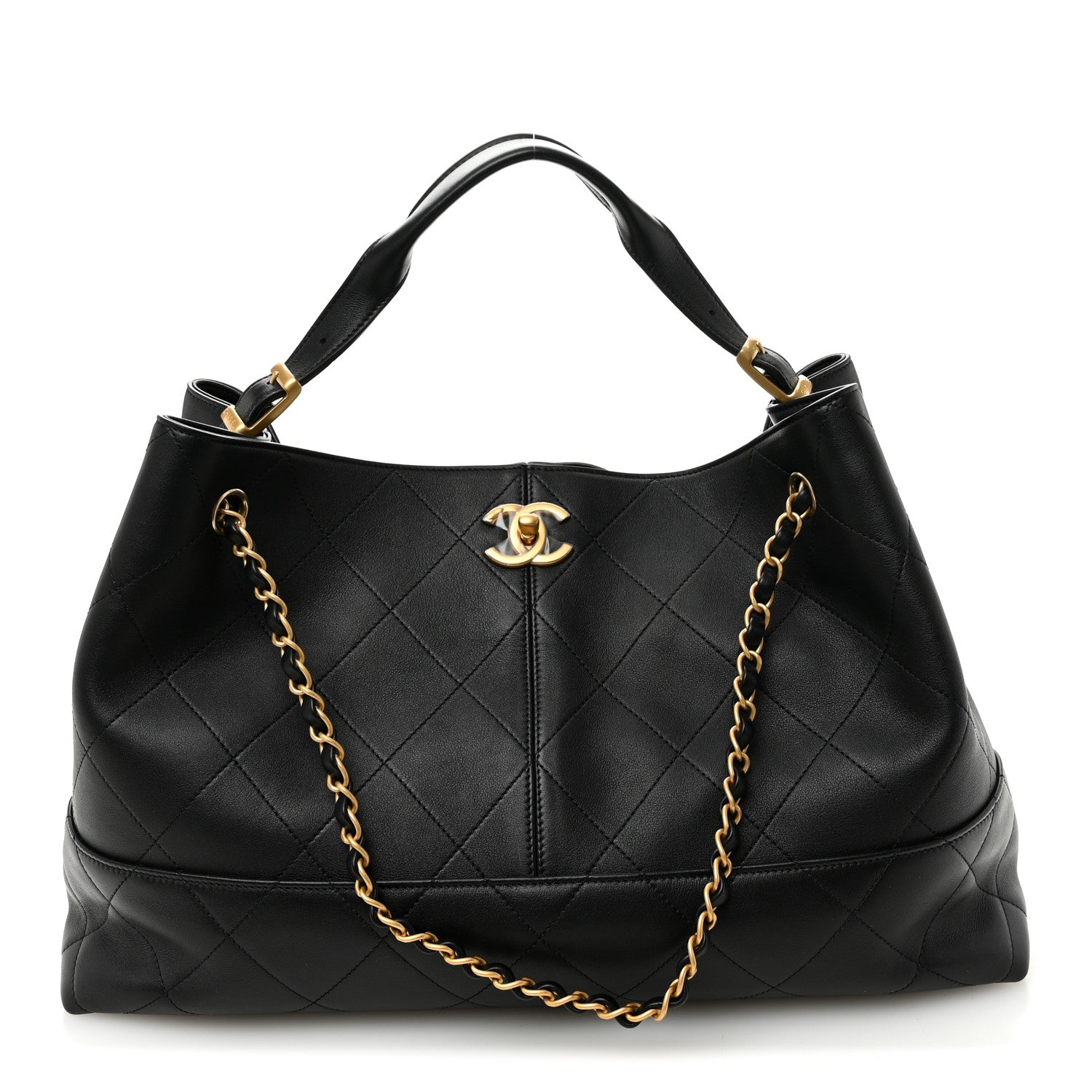 Calfskin Quilted Large Coco Base Shopping Bag Black