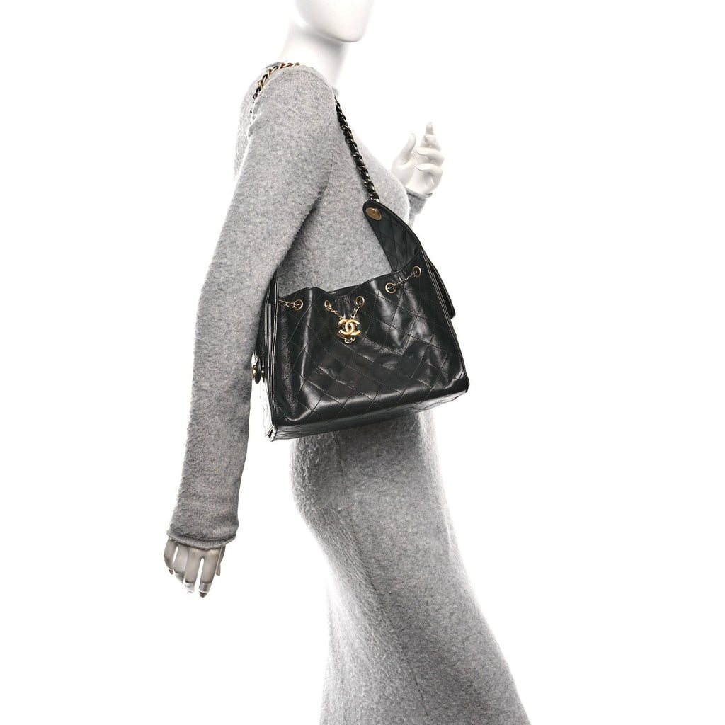 Shiny Crumpled Calfskin Quilted Small Chanel 25 Handbag Black