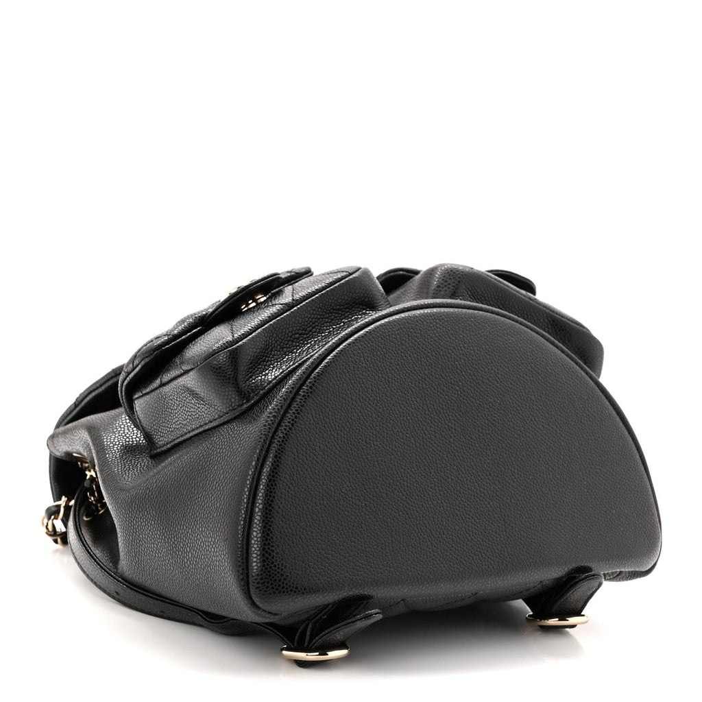 Shiny Caviar Quilted Medium Duma Pockets Drawstring Backpack Black