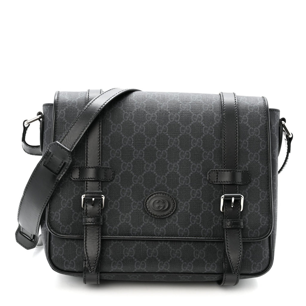 GG Supreme Monogram Textured Dollar Calfskin Retro Interlocking G Flap Messenger Bag Black
