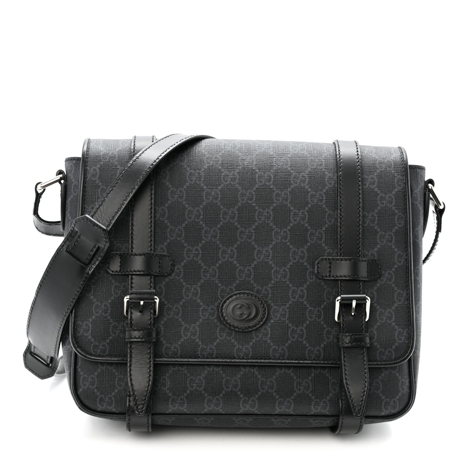 GG Supreme Monogram Textured Dollar Calfskin Retro Interlocking G Flap Messenger Bag Black