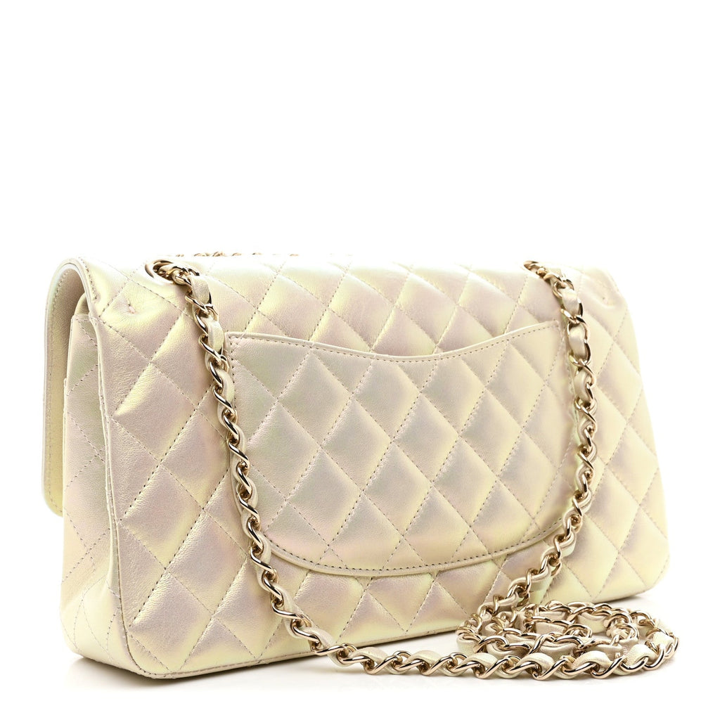 Iridescent Lambskin Quilted Medium Double Flap Ivory