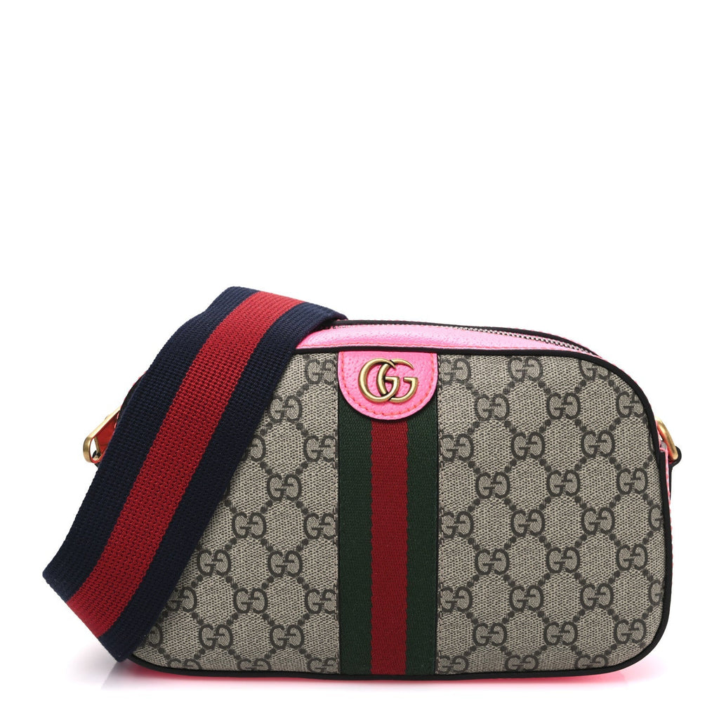 GG Supreme Monogram Textured Dollar Calfskin Web Ophidia Small Crossbody Bag Beige Ebony Fuchsia