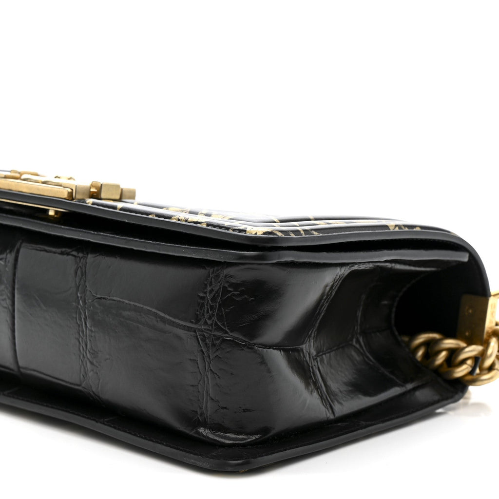 Calfskin Crocodile Embossed Graffiti Cocodile Medium Boy Flap Black
