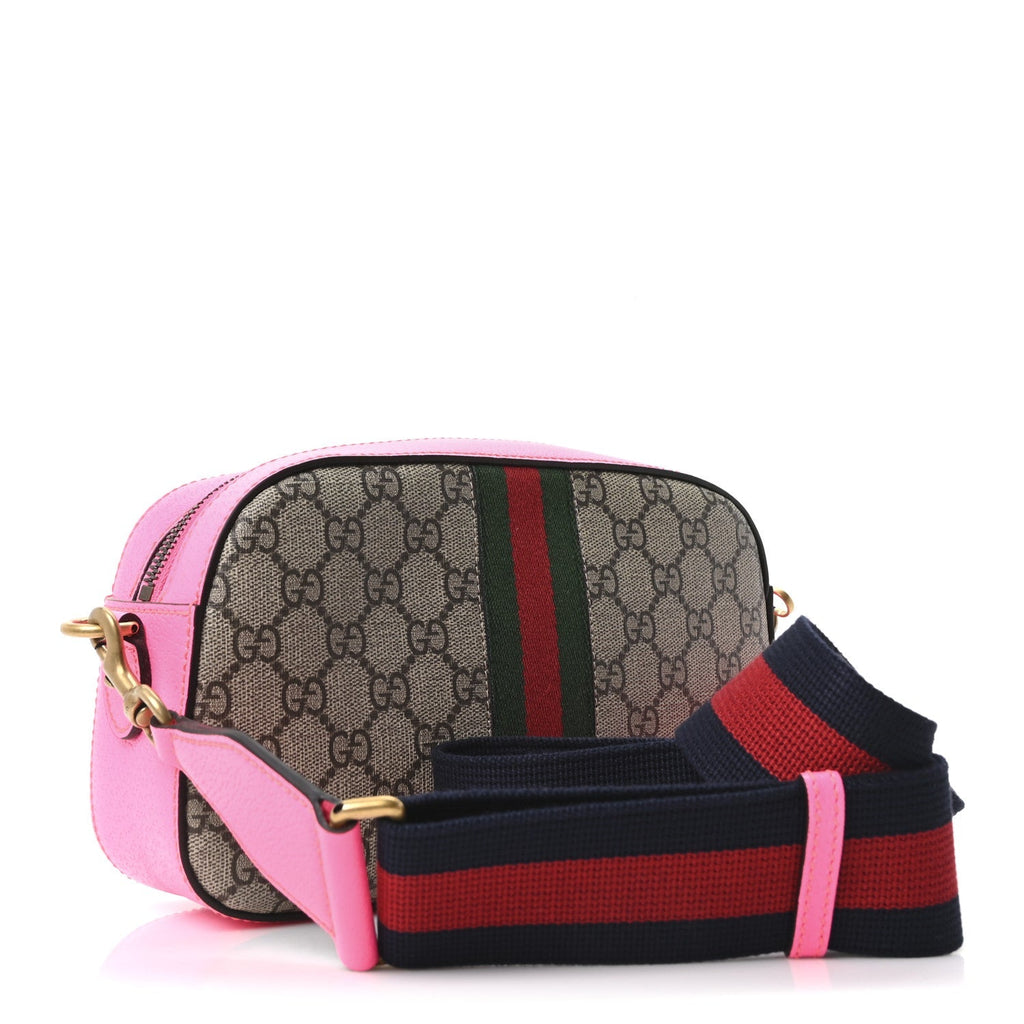 GG Supreme Monogram Textured Dollar Calfskin Web Ophidia Small Crossbody Bag Beige Ebony Fuchsia