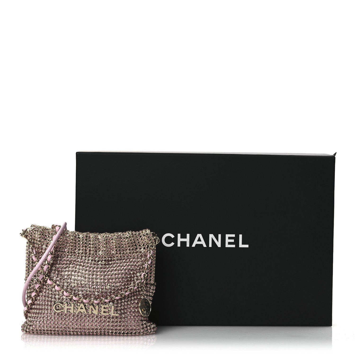 Crystal Embellished Metallic Lambskin Mini Chanel 22 Light Pink