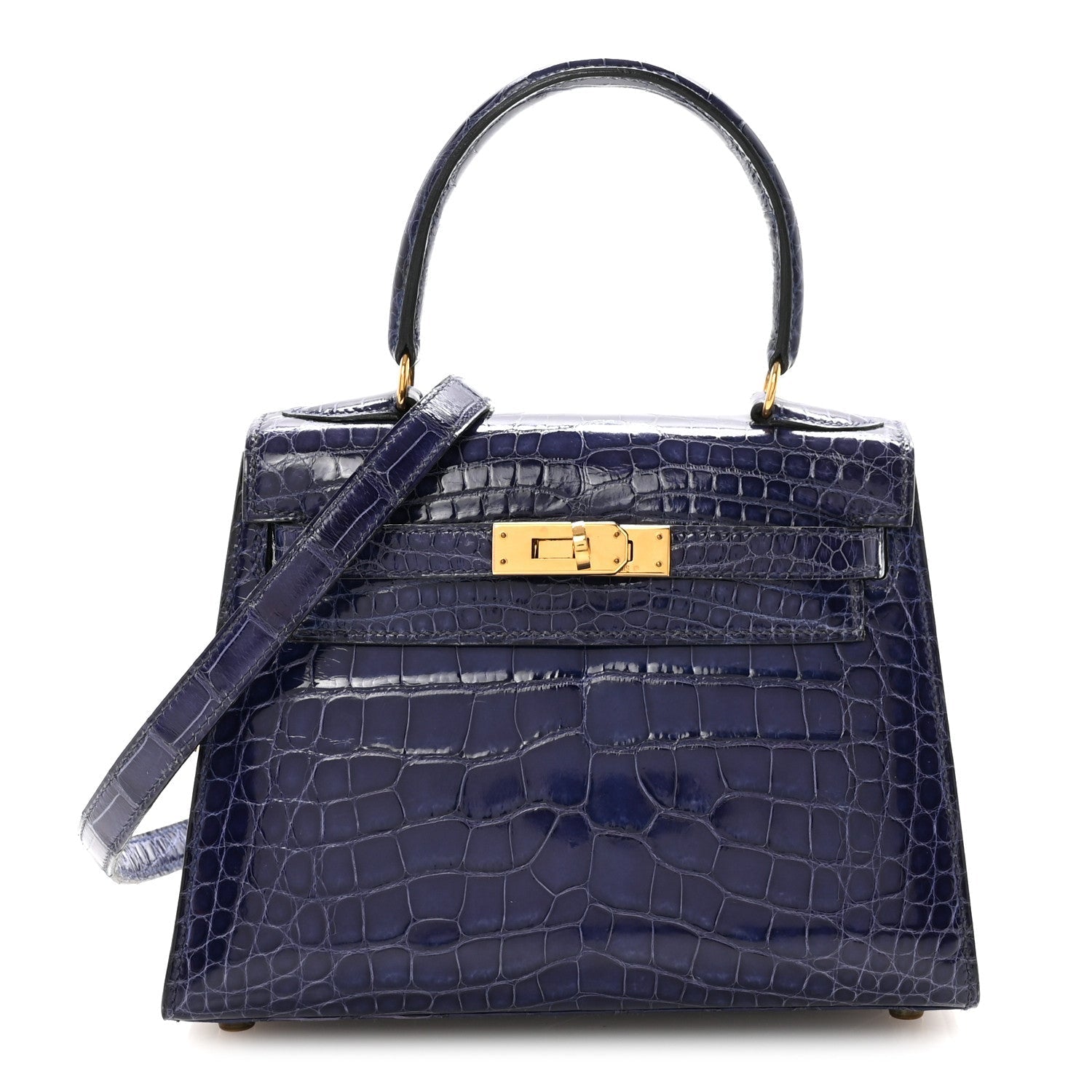 Shiny Alligator Mini Kelly Sellier 20 Bleu Roi