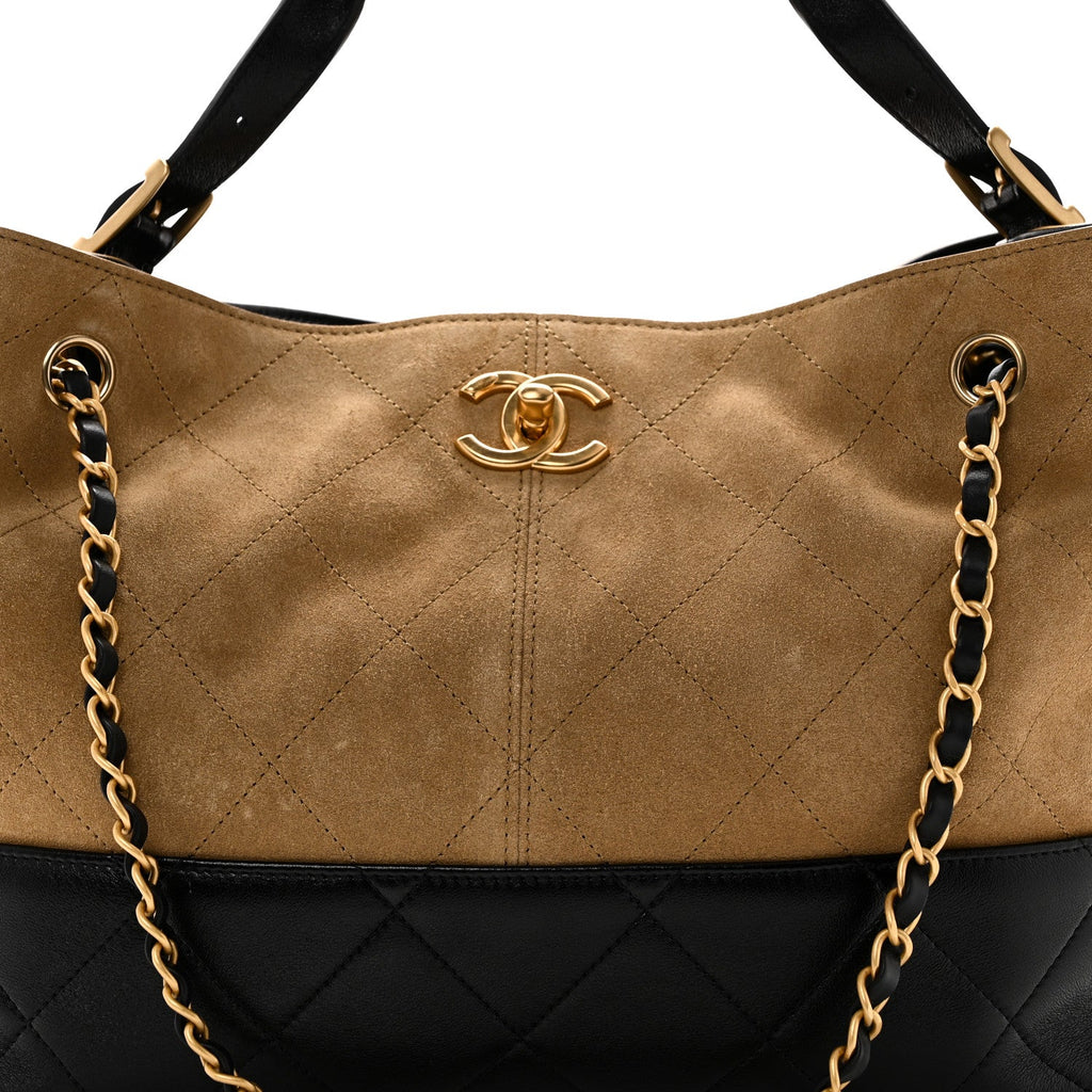 Suede Calfskin Shiny Lambskin Quilted Small Coco Base Shopping Bag Beige Black