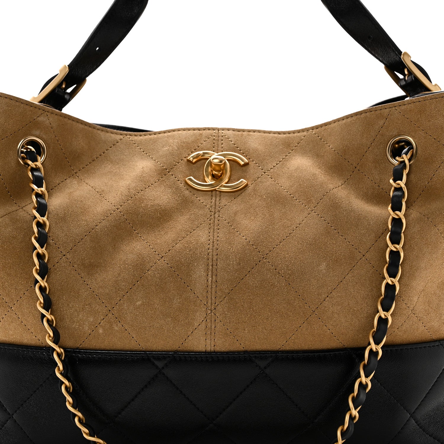 Suede Calfskin Shiny Lambskin Quilted Small Coco Base Shopping Bag Beige Black