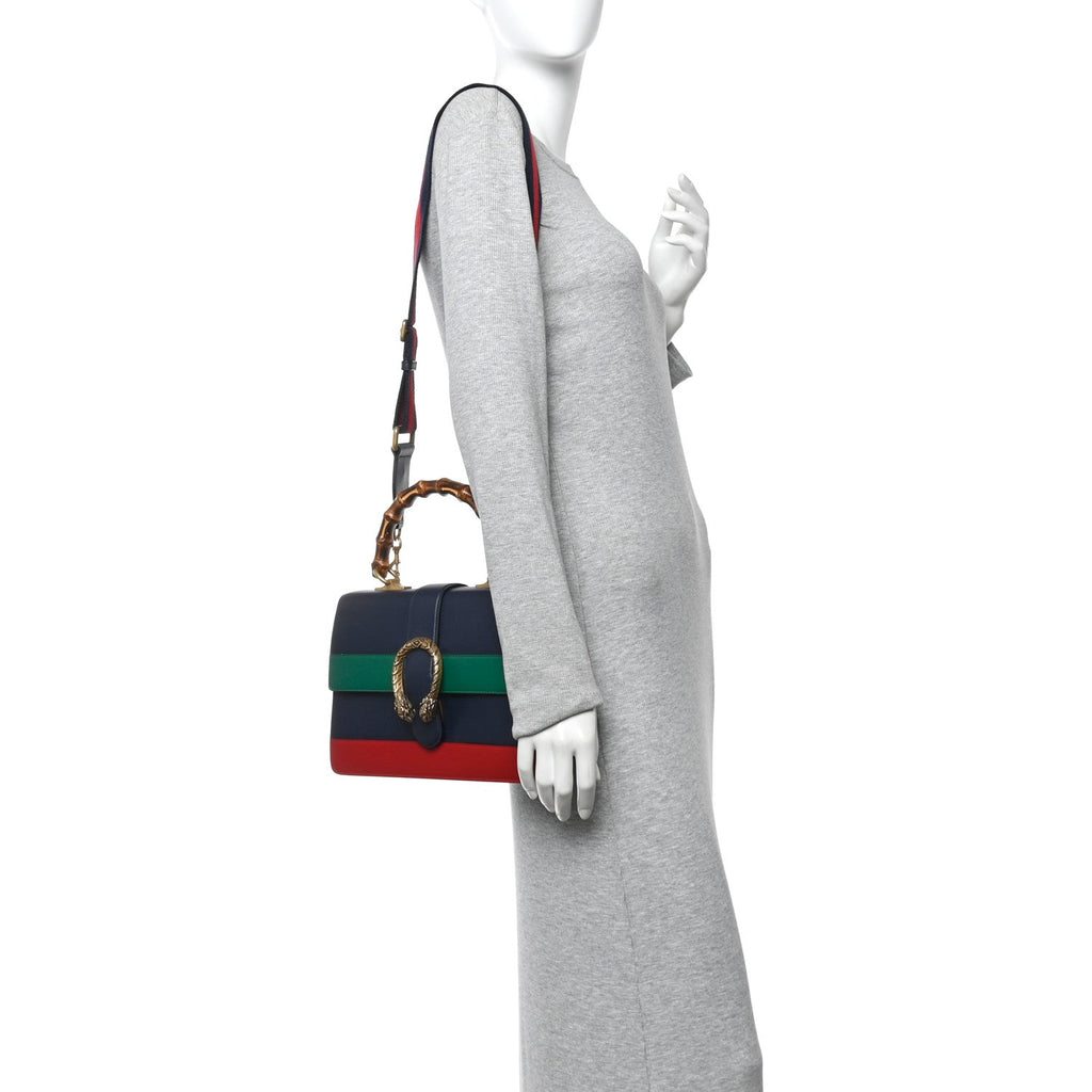 Moon Calfskin Bamboo Web Medium Dionysus Top Handle Bag Blue Emerald Hibiscus Red