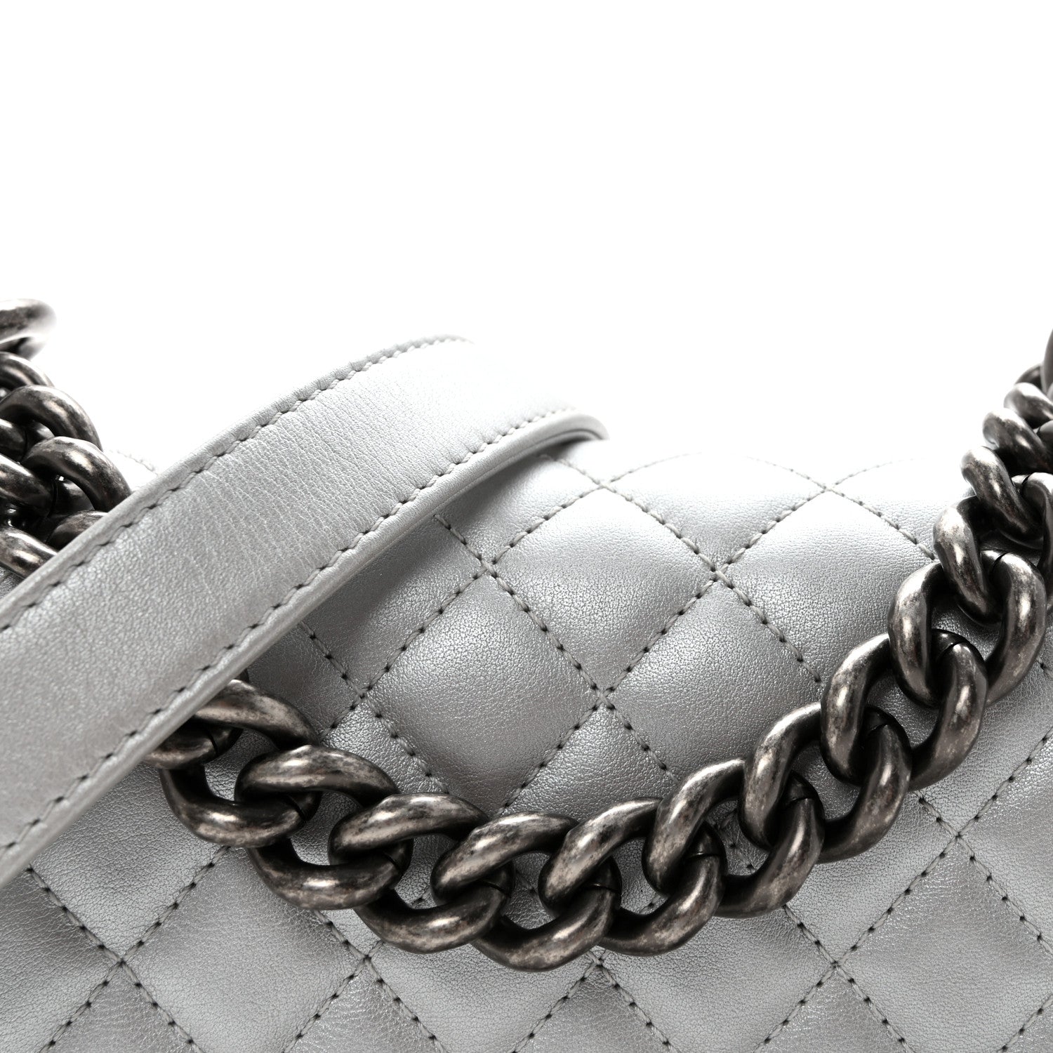 Metallic Calfskin Quilted Small Boy Flap Silver