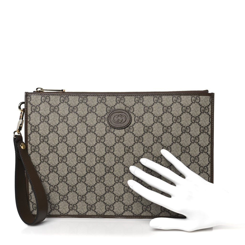 GG Supreme Monogram Azalea Calfskin Retro Interlocking G Wristlet Pouch Beige Ebony Brown Sugar