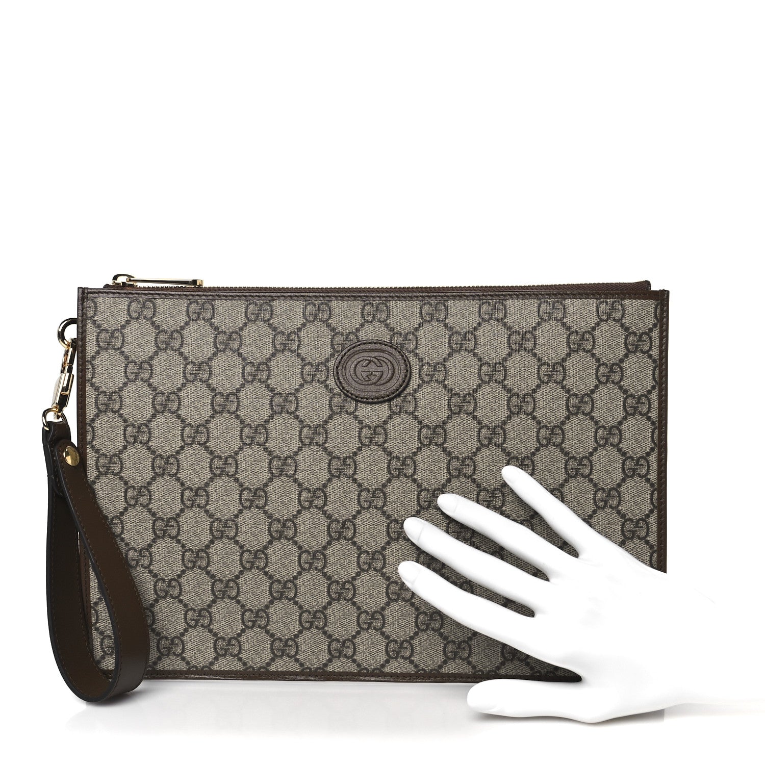 GG Supreme Monogram Azalea Calfskin Retro Interlocking G Wristlet Pouch Beige Ebony Brown Sugar