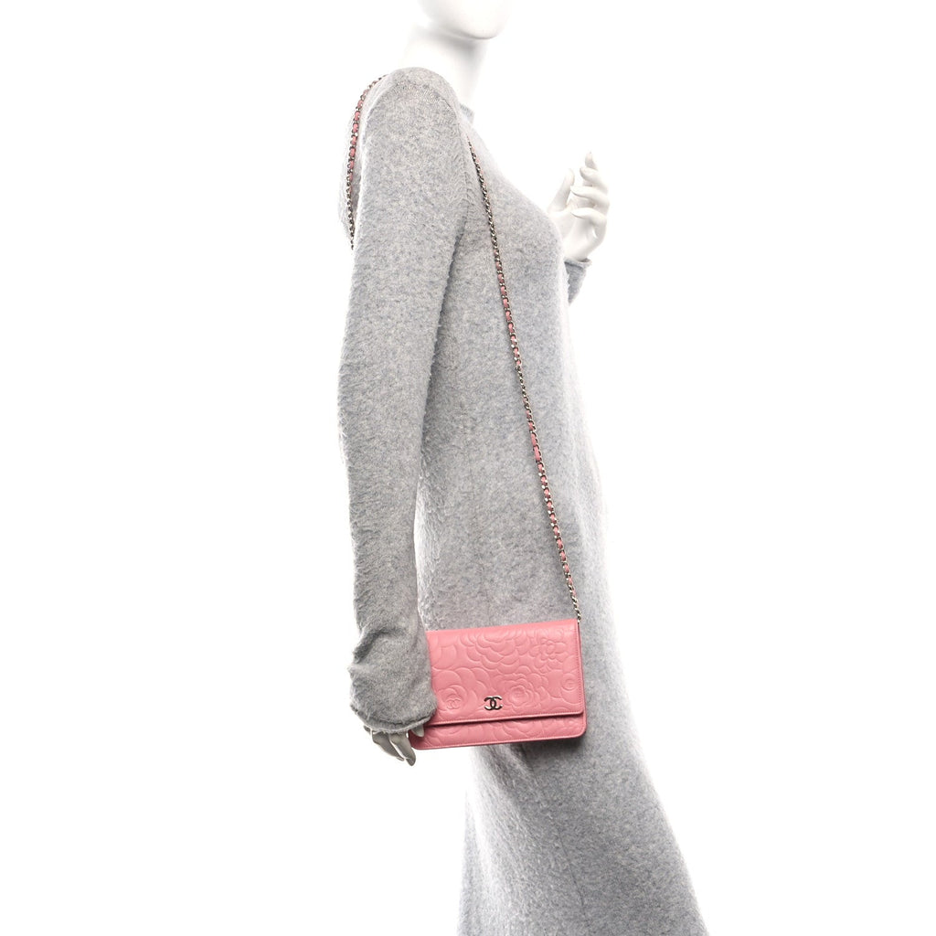Lambskin Camellia Embossed Wallet on Chain WOC Pink
