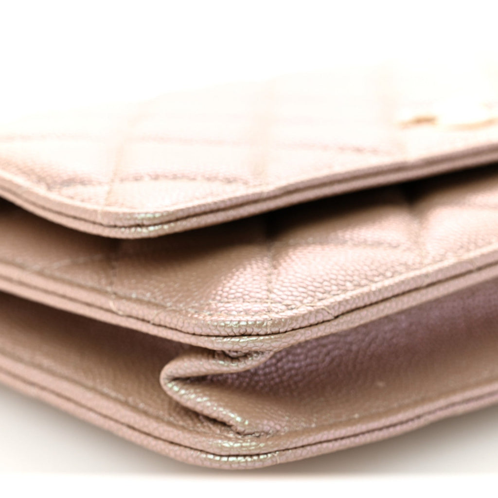 Iridescent Caviar Quilted Wallet on Chain WOC Beige