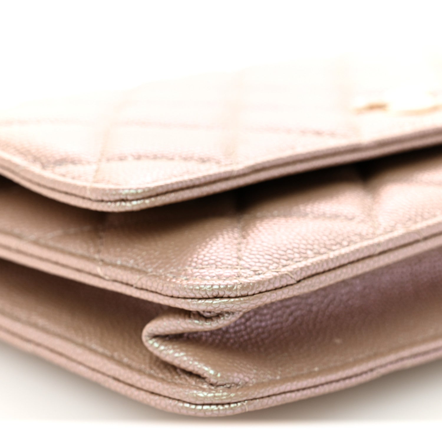 Iridescent Caviar Quilted Wallet on Chain WOC Beige