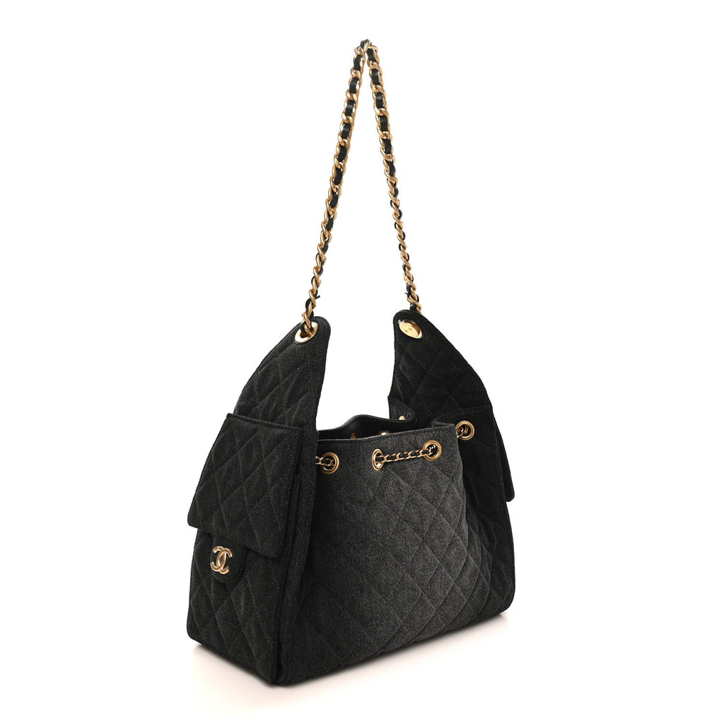 Washed Denim Quilted Small Chanel 25 Handbag Black