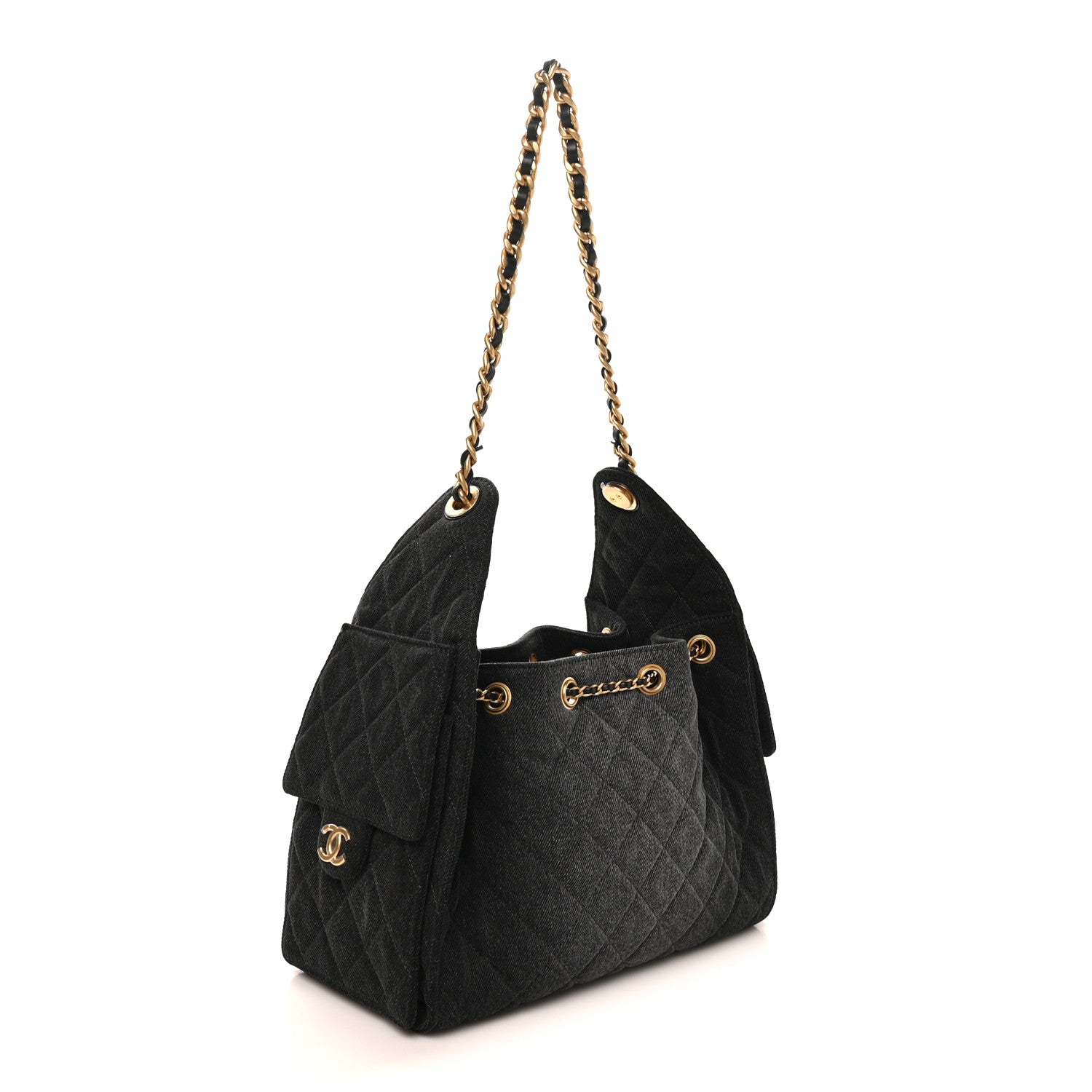 Washed Denim Quilted Small Chanel 25 Handbag Black