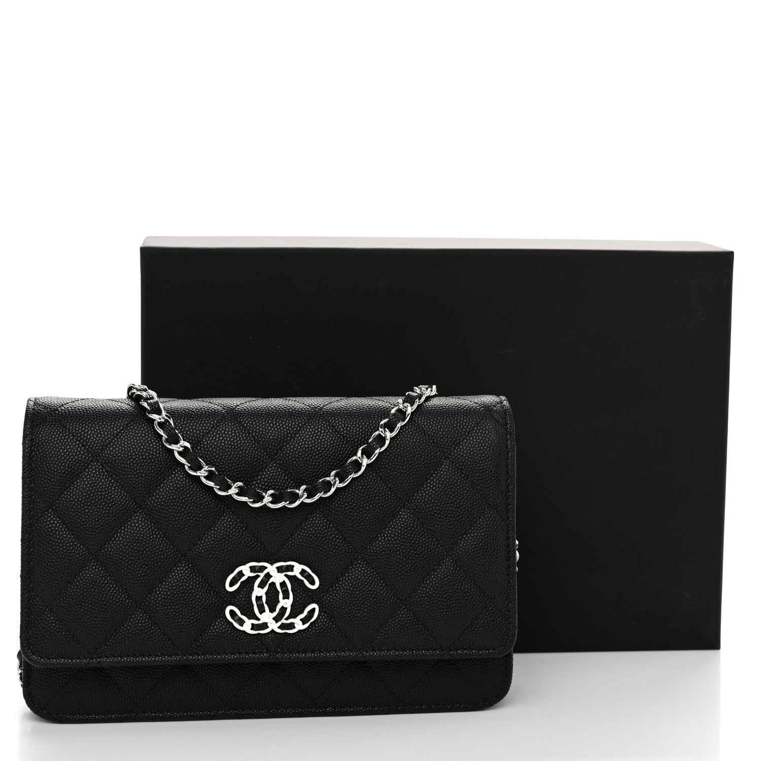 Caviar Quilted Chanel 19 Wallet On Chain WOC Black White